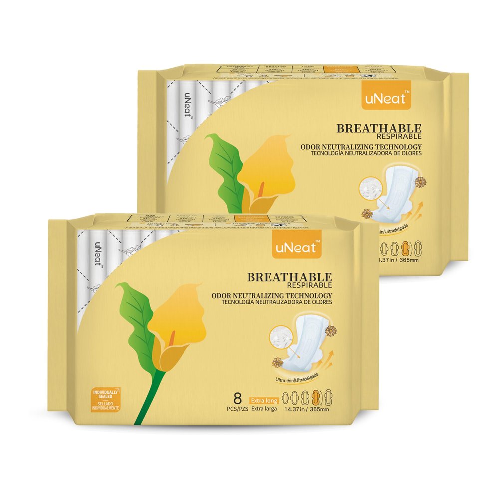 uNeat Extra Long Pads for Women, Ultra Thin Heavy Flow Cotton Sanitary Napkins with Wings, Unscented, Feminine Care, Super Absorbency Extra Coverage Period Pads (Size 4, 16 Count)