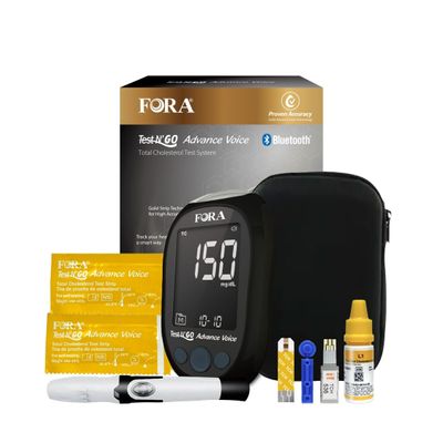 FORA Test NGO Advance Voice Cholesterol Kit  10 Total Cholesterol Strips + 10 Lancets | Bluetooth Meter (Optional App Sync) & Voice Guidance