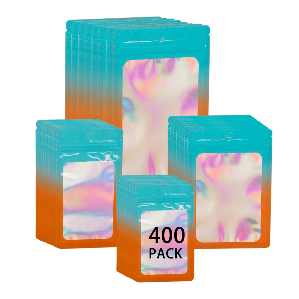 400 Pack 4 Sizes Resealable Mylar Holographic Bags Food Storage Smell Proof Bags with Front Window Foil Packaging Pouch for Sample Jewelry Small Business (Blue to Orange,3x4.7,3.1x5.5,4x 6,4.7x 7.9in)