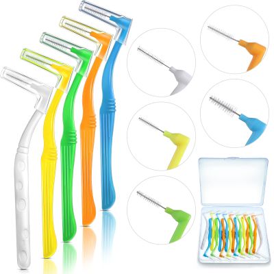 Honeydak 50 Pcs L-Shaped Interdental Brushes 5 Sizes Dental Braces Toothbrush Soft with Non-Slip Handle Angled Head Tooth Picks Floss Sticks Dental Floss Brushes for Oral Cleaning