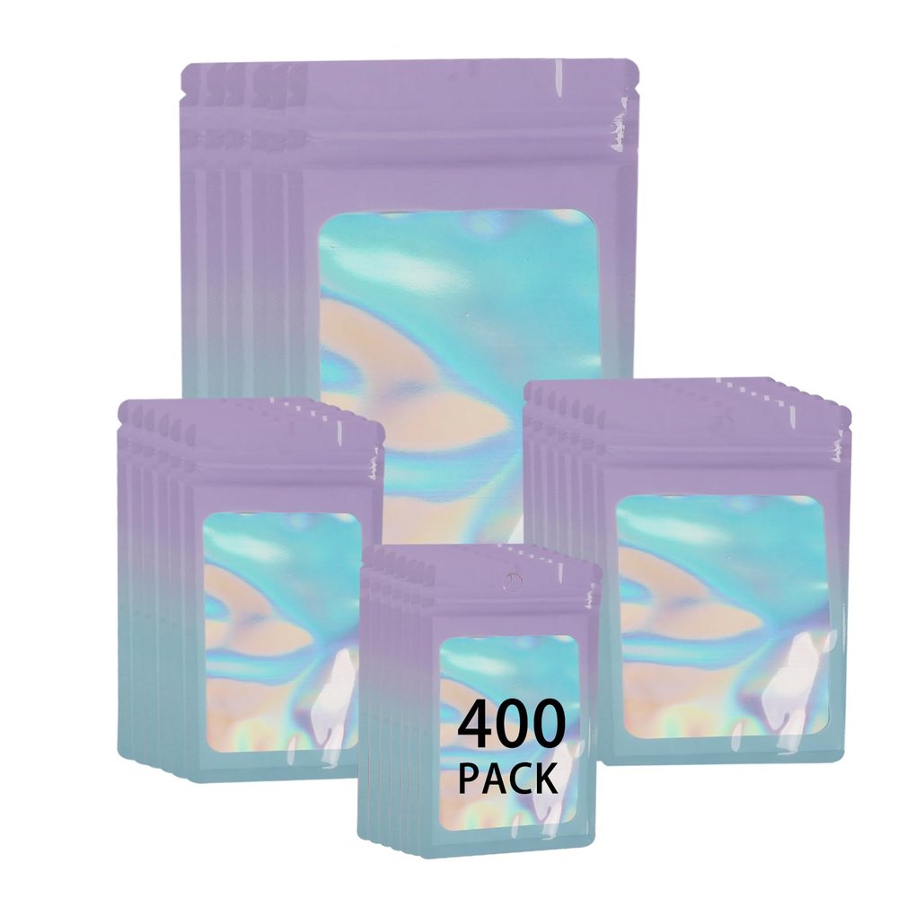 400 Pack 4 Sizes Resealable Mylar Holographic Bags Food Storage Smell Proof Bags with Front Window Foil Packaging Pouch for Sample Jewelry Small Business (Pink to Blue,3x4.7,3.1x5.5,4x 6,4.7x 7.9in)