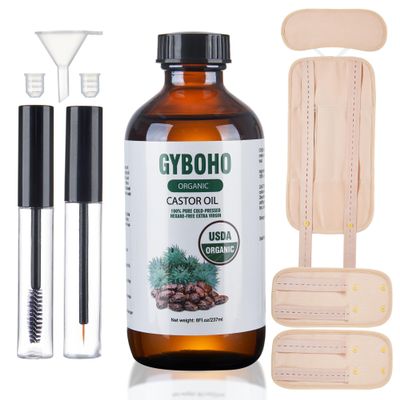 8oz Castor Oil Organic and 4pcs Reusable Castor Oil Pack Wrap Organic Cotton,for Stomach-Neck-Abdomen -Knee-Arm-Liver Detox,with Eyebrow and Eyelash Care Tool Set