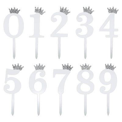 10pcs 0-9 Number for Cake Topper, Acrylic Crown Number Cake Topper Number Cake Picks for Birthday Wedding Anniversary Celebration Cake Decorations (Silver)