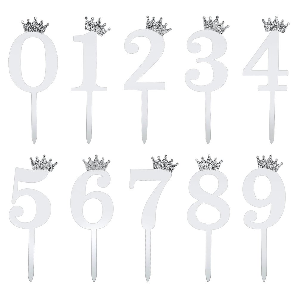 10pcs 0-9 Number for Cake Topper, Acrylic Crown Number Cake Topper Number Cake Picks for Birthday Wedding Anniversary Celebration Cake Decorations (Silver)