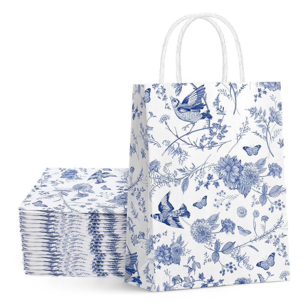 32Pcs Floral Paper Gift Bags Blue White Flower Bird Party Favor Bags with Handles Chinoiserie Hydrangea Branches Goodie Candy Treat Bags for Wedding Birthday Supplies