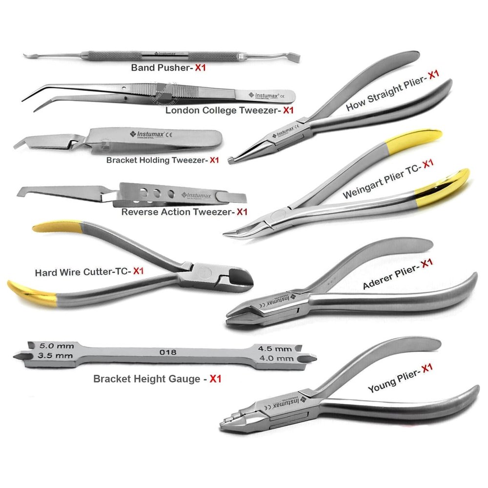 10 Piece Orthodontic Instruments Tool Set - Hard Wire Cutter, Bracket Tweezers, Slim Weingart Plier, Aderer, Wire Cutter, Wire Bending Pliers, Bracket Height Gauge, Complete Kit