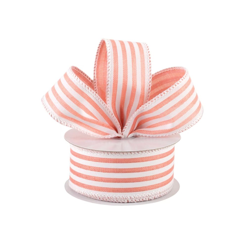YourSchoiceVi 20 Feet Peach White Stripe Canvas Ribbon, 2.5"" Wired Ribbon, Peach White Stripe Ribbon, Gingham Ribbon, Ribbon for Wreaths, Craft Ribbon, RJKL32