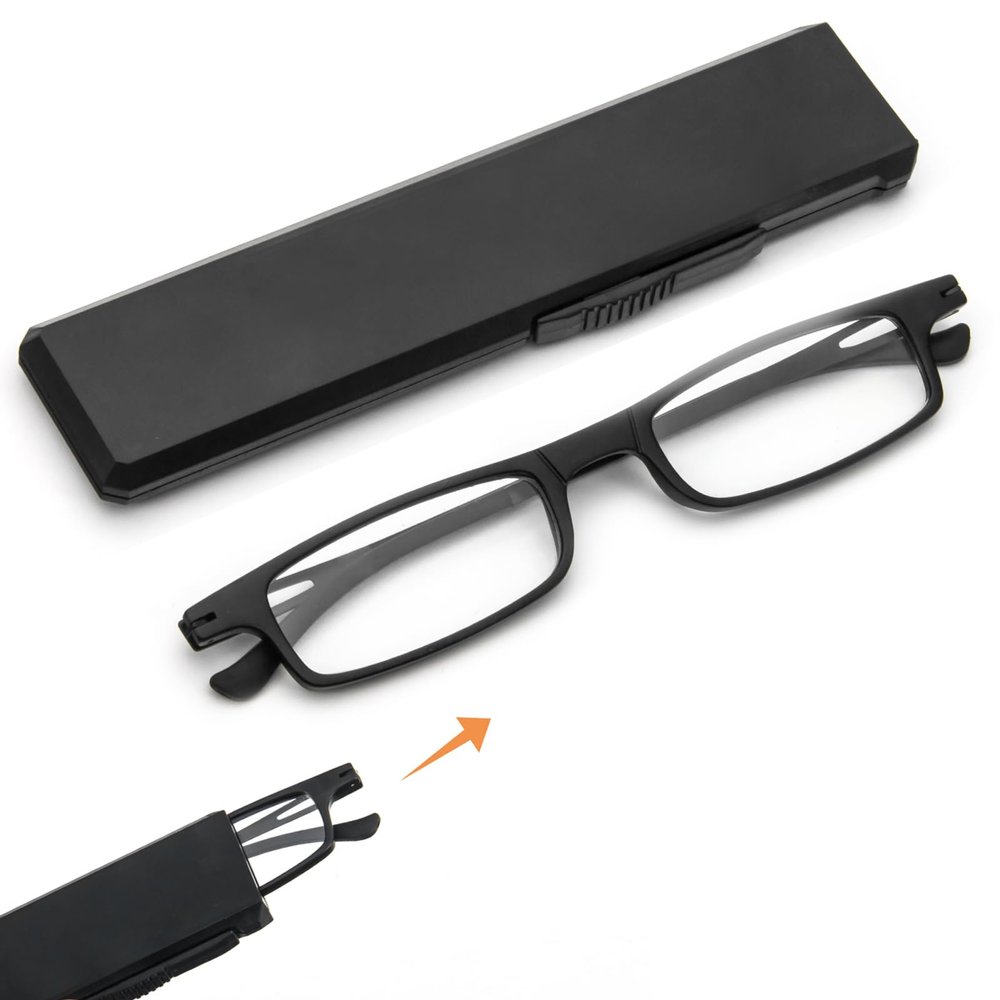 REAVEE Folding Reading Glasses for Men Women Ultra Thin Blue Light Blocking Anti UV/Eyestrain Computer TR90 Slim Foldable Portable Readers with Compact Flat Case, Black +3.5