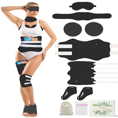 11 PCS Organic Castor Oil Pack Wrap Flannel Cotton for Entire Body, Castor Oil Pads Set for Eyes Breast Waist Knees Legs Feet, Adjustable Straps, Reusable,Machine Washable (Black)