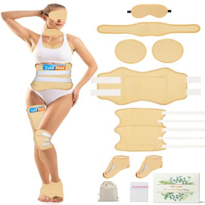 11 PCS Organic Castor Oil Pack Wrap Flannel Cotton for Entire Body, Castor Oil Pads Set for Eyes Breast Waist Knees Legs Feet, Adjustable Straps, Reusable,Machine Washable (Khaki)