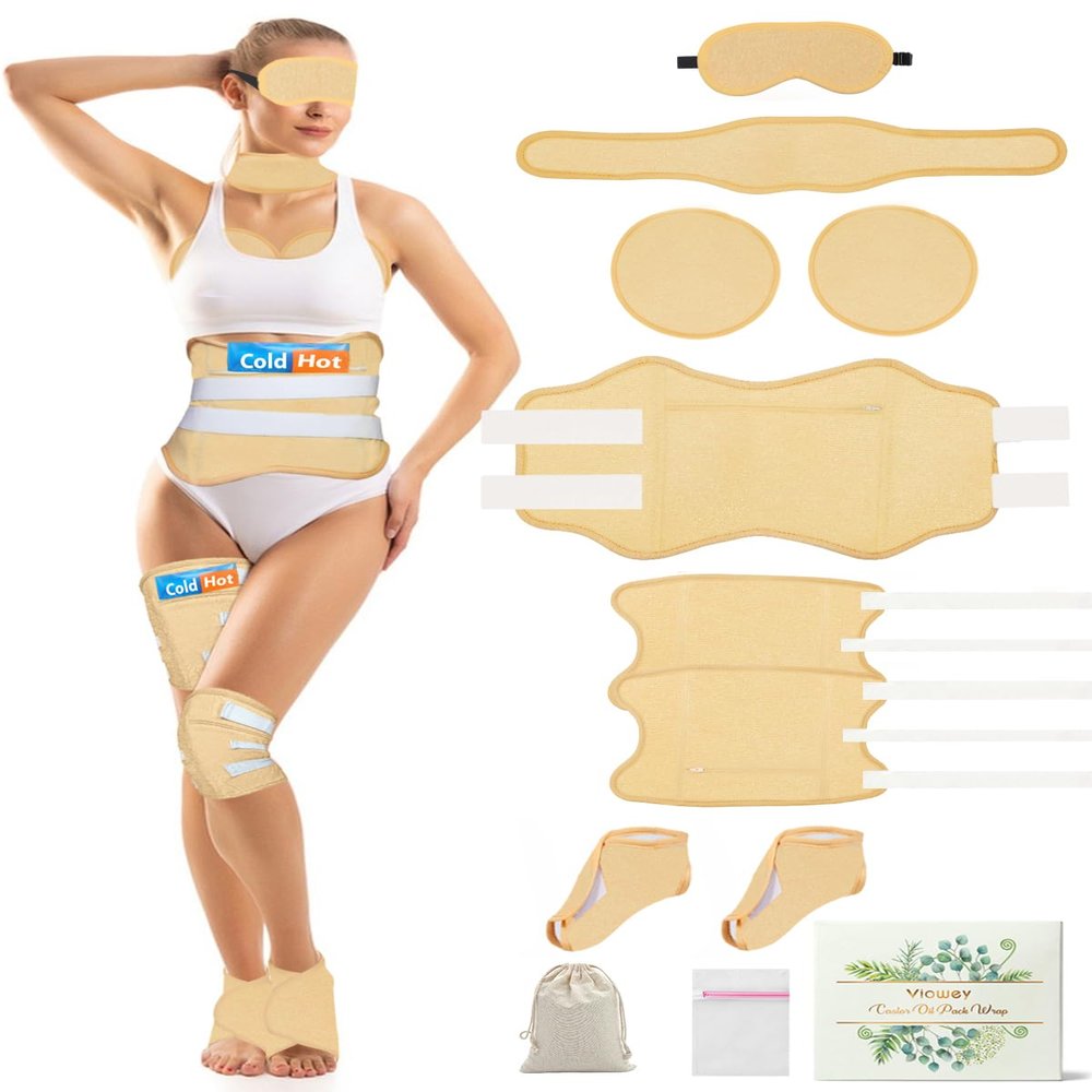 11 PCS Organic Castor Oil Pack Wrap Flannel Cotton for Entire Body, Castor Oil Pads Set for Eyes Breast Waist Knees Legs Feet, Adjustable Straps, Reusable,Machine Washable (Khaki)