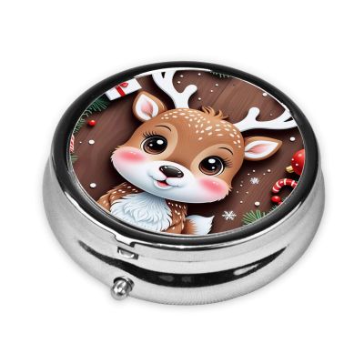 ZhongGuo Cute Xmas Reindeer Printed Pill Organizer,Round Travel Pill Organizer Mini Medicine Pill Box for Purse Iron Plating