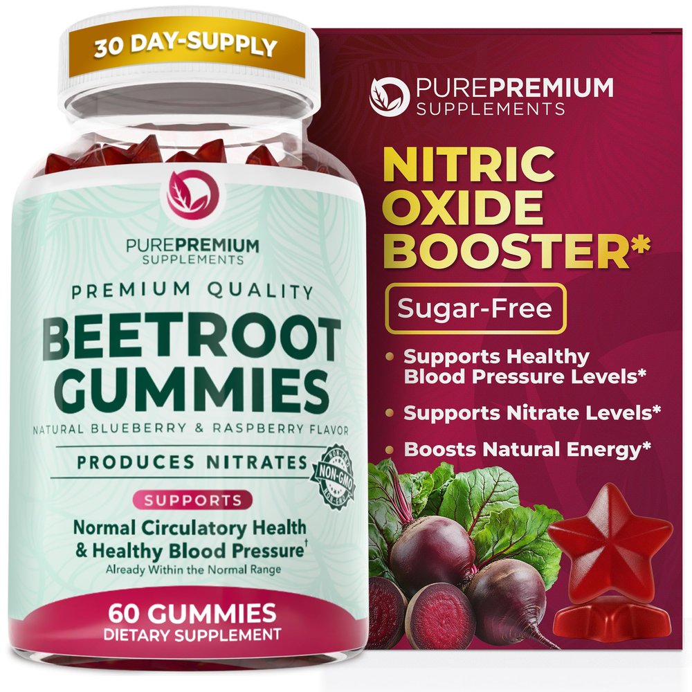 PurePremium Beet Root Gummies 50:1 Extract - 60 Sugar Free Chews - Super Nitric Oxide Beetroot Gummies | Natural Blueberry Flavor - Supplements for Normal Blood Pressure