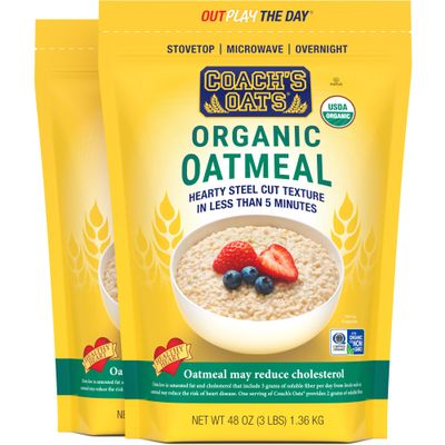 COACH'S OATS Organic Whole Grain Oatmeal (48 oz) Pack of 2 | Cracked n Toasted | Quick-Cooking, Steel Cut Texture | Heart-Healthy, Delicious Breakfast | Microwavable, Stovetop, Overnight Oatmeal