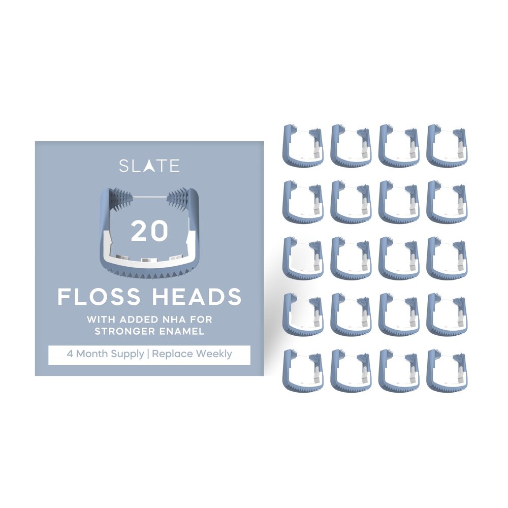 Slate Flosser Refills - Reusable Woven Floss, PFAS-Free, Non-Toxic Dental Floss | Fits Slate Electric Flosser w/Tongue Scraper & Gum Sweeps | 20-Pk Blue Nano-Hydroxyapatite (nHa) Thin Floss Heads