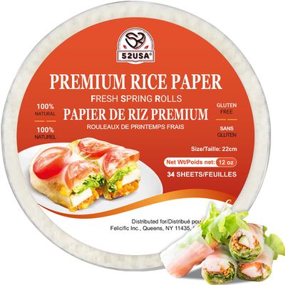 52USA Fresh Spring Roll Wrappers & Dumplings - 34 Sheets, Gluten-Free Wonton Wraps, Vegan, Low Carb, Vietnamese Rice Wraps (Round, 22cm)