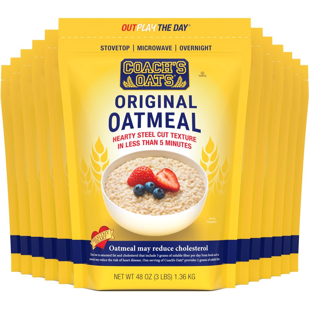 COACH'S OATS Whole Grain Oatmeal (48 oz) Pack of 12 | Cracked n Toasted | Quick-Cooking, Steel Cut Texture | Heart-Healthy, Delicious Breakfast | Microwavable, Stovetop, Overnight Oatmeal