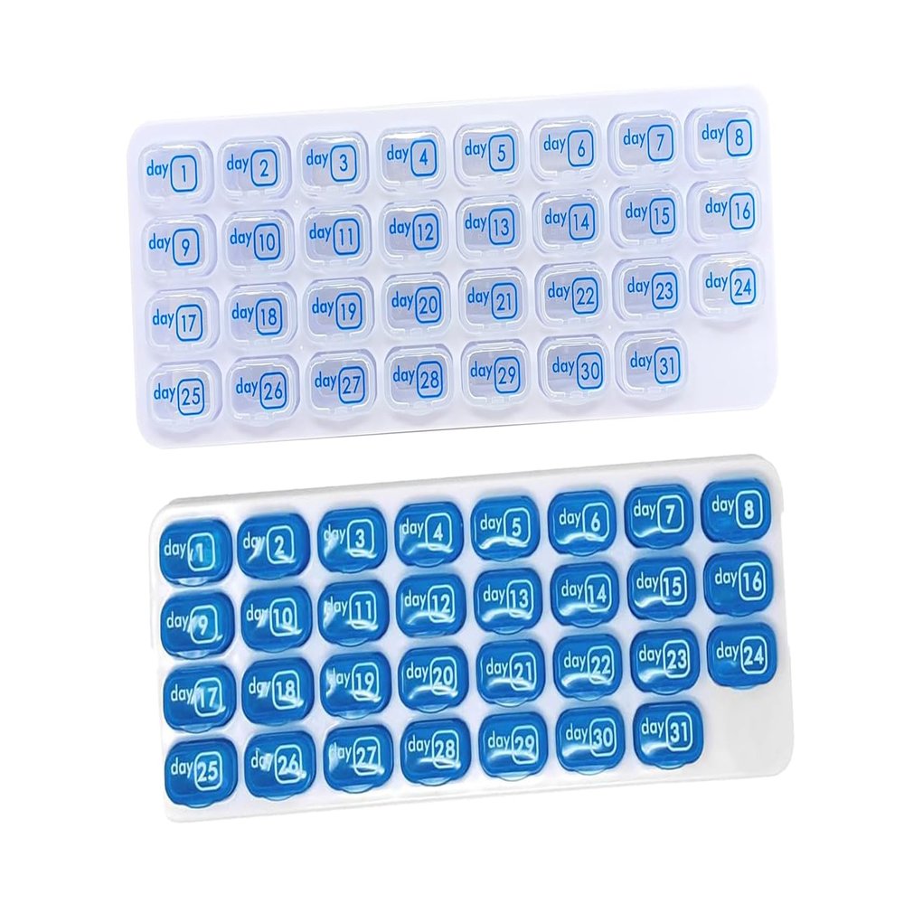 AM/PM 31 Day Monthly Pill Organizer Holder with Removable Medication Pods and Bonus Medical Alert Card - Blue for Morning & Grey for Evening (Clear & Blue)