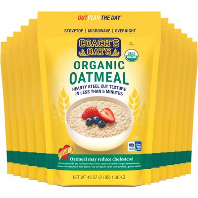 COACH'S OATS Organic Whole Grain Oatmeal (48 oz), Pack of 12 | Cracked n Toasted | Quick-Cooking, Steel Cut Texture | Heart-Healthy, Delicious Breakfast Microwavable, Stovetop, Overnight Oatmeal