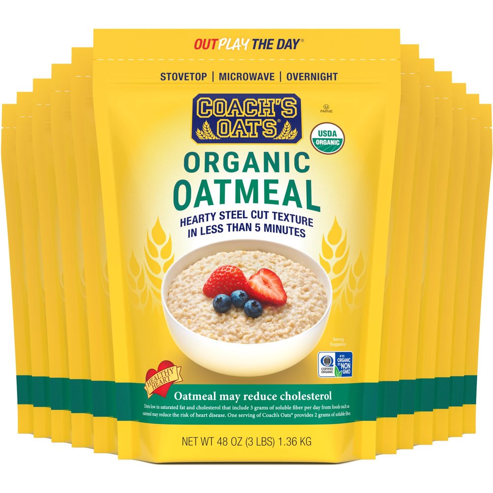 COACH'S OATS Organic Whole Grain Oatmeal (48 oz), Pack of 12 | Cracked n Toasted | Quick-Cooking, Steel Cut Texture | Heart-Healthy, Delicious Breakfast Microwavable, Stovetop, Overnight Oatmeal