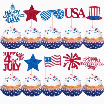 60Pcs Independence Day Cupcake Toppers,Glitter 4th of July Cupcake Picks National Flag Patriotic Cupcake Toppers for Independence Day Party Cake Decorations Supplies