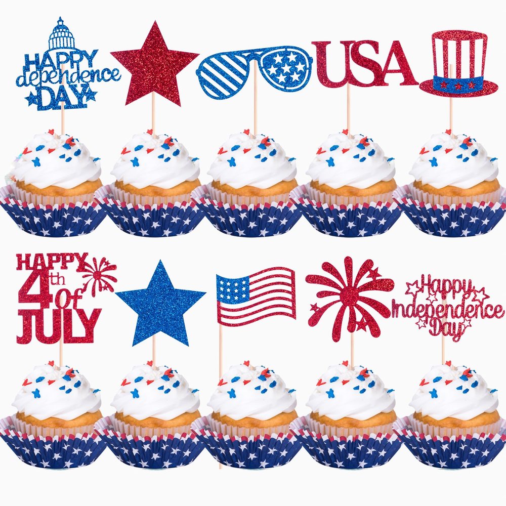 60Pcs Independence Day Cupcake Toppers,Glitter 4th of July Cupcake Picks National Flag Patriotic Cupcake Toppers for Independence Day Party Cake Decorations Supplies