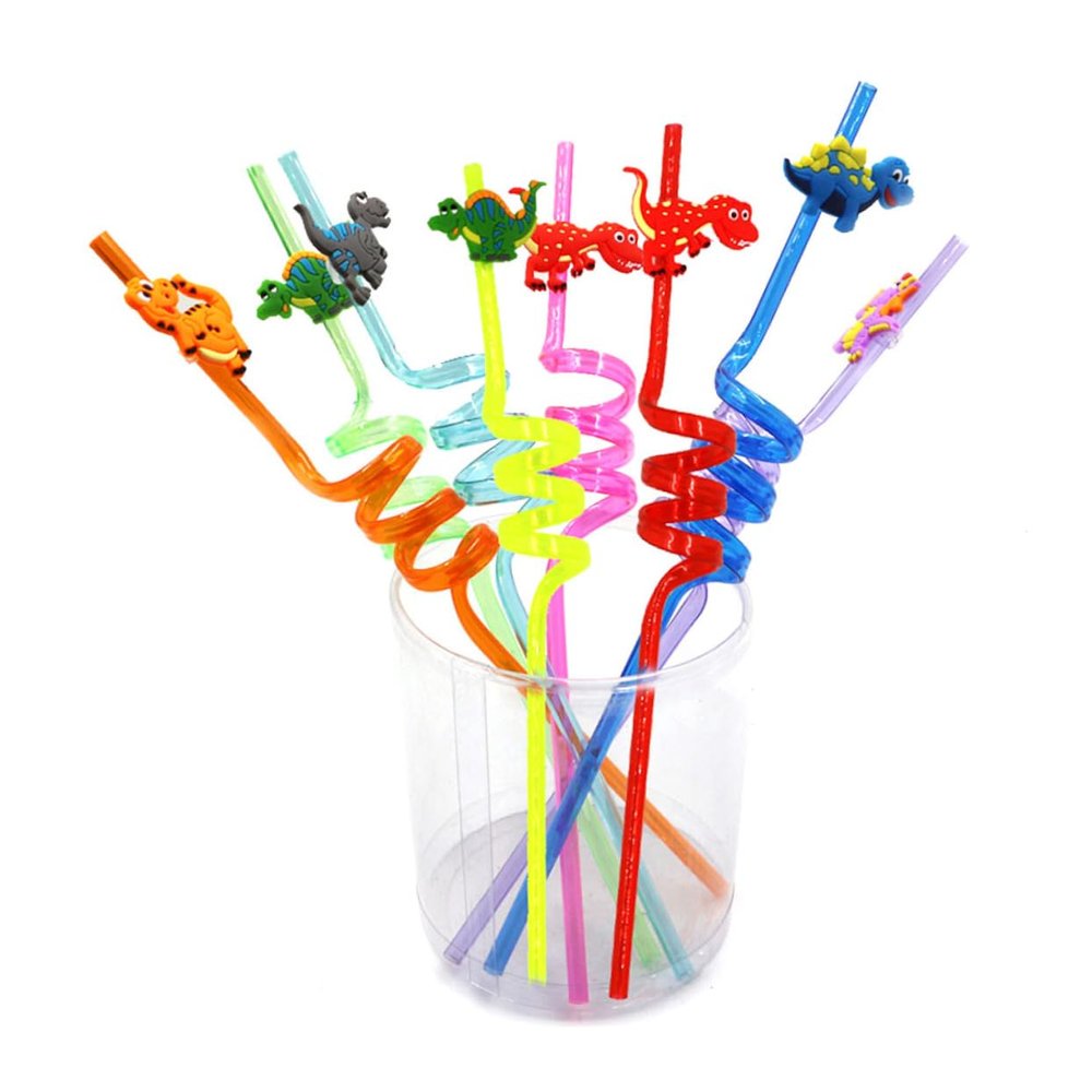 Hoement 8-Pack Small Dinosaur Drinking Straws Colorful Disposable Plastic Straws for Boys and Girls Birthday Party Supplies Curved Design for Fun and Effortless Sipping