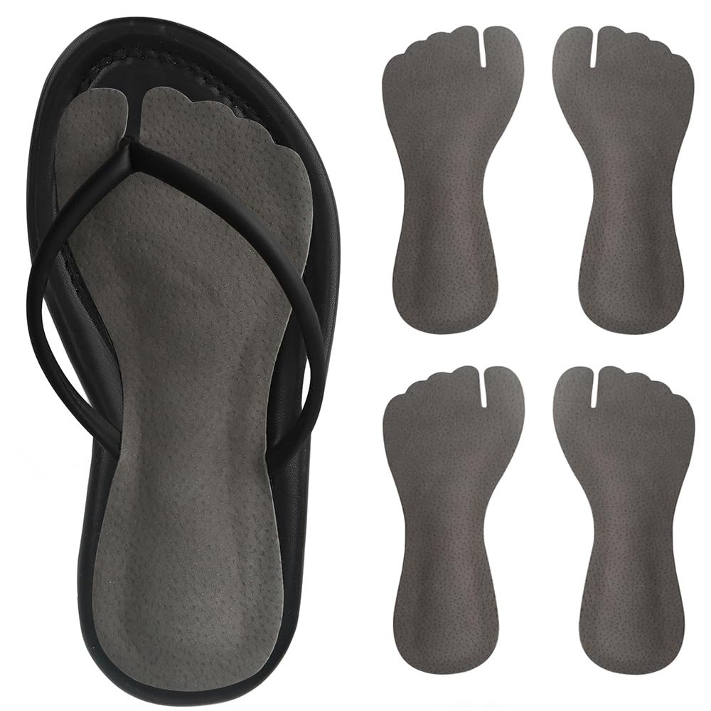 2 Pairs Pigskin Flip Flop Inserts Anti-Slipping, Flip Flop Thong Sandals Cushion Insoles, Self Adhesive Arch Support Insoles Slippers Insert Black Gray, for Women L