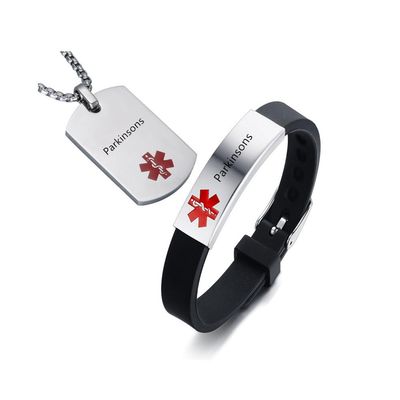 AMRECH Medical Alert ID Bracelet & Pendant Set Laser Engraved Parkinsons Adjustable Wristband and Necklaces for Men Women, Emergency First Aid Identification Reminder Jewelry