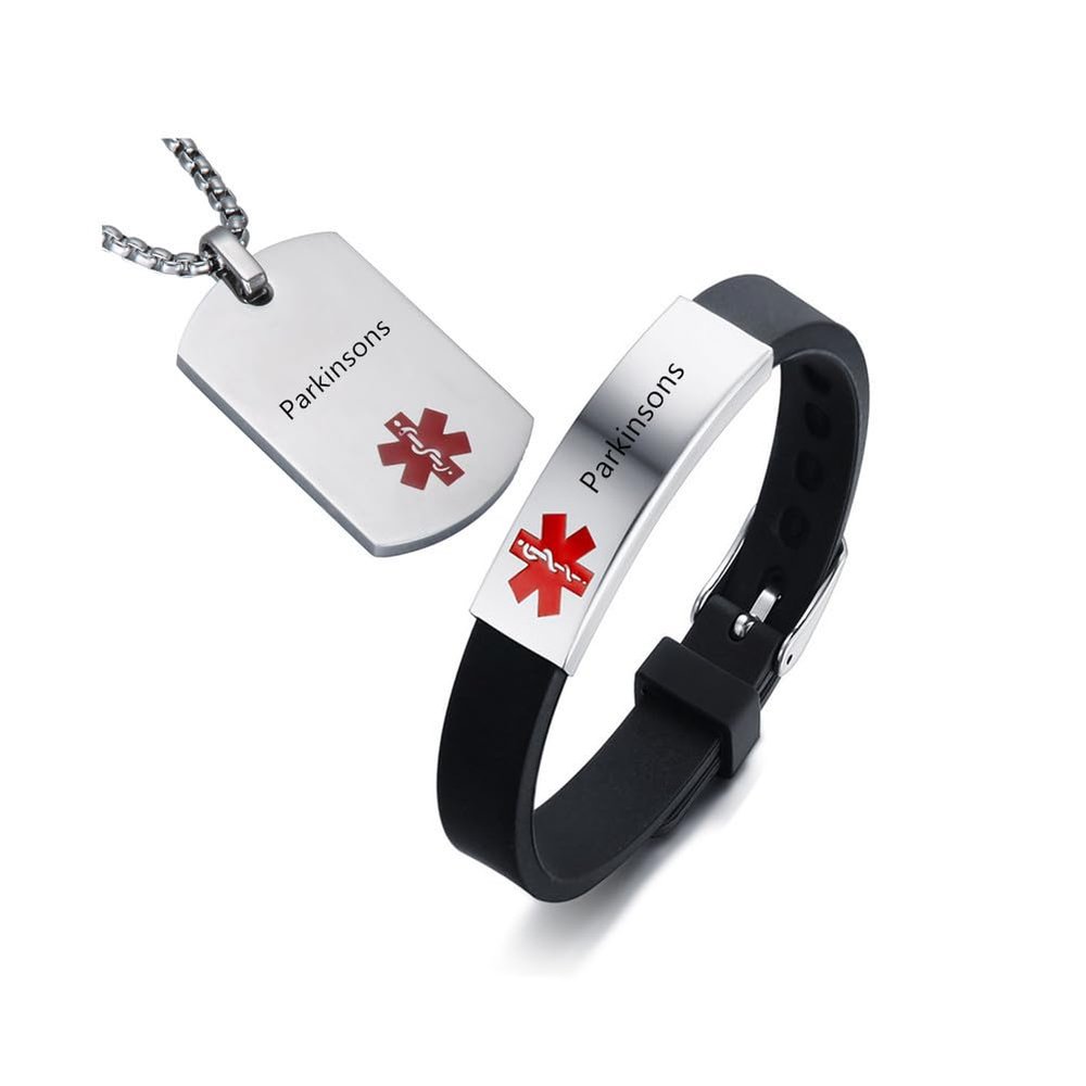 AMRECH Medical Alert ID Bracelet & Pendant Set Laser Engraved Parkinsons Adjustable Wristband and Necklaces for Men Women, Emergency First Aid Identification Reminder Jewelry