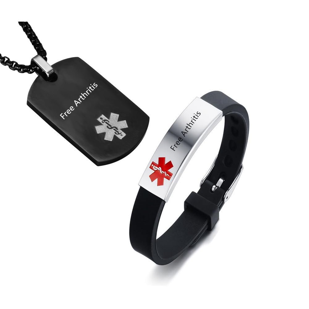 AMRECH Medical Alert ID Bracelet & Pendant Set Laser Engraved Free Arthritis Adjustable Wristband and Necklaces for Men Women, Emergency First Aid Identification Reminder Jewelry