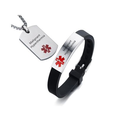AMRECH Medical Alert ID Bracelet & Pendant Set Laser Engraved Malignant Hyperthermia Adjustable Wristband and Necklaces for Men Women, Emergency First Aid Identification Reminder Jewelry