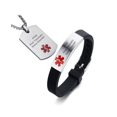 AMRECH Medical Alert ID Bracelet & Pendant Set Laser Engraved PTSD Post-Traumatic Stress Disorder Adjustable Wristband and Necklaces for Men Women, Emergency First Aid Identification Reminder Jewelry