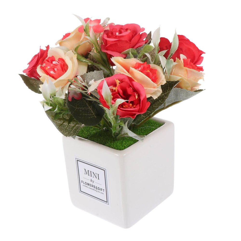 ABOOFAN 1pc Artificial Rose Bonsai Red Home Decor Faux Flowers Simulation Potted Rose Mini Fake Plant Greenery Decor Christmas Decorations Mini Pots Accessories Plastic Office Dining Table