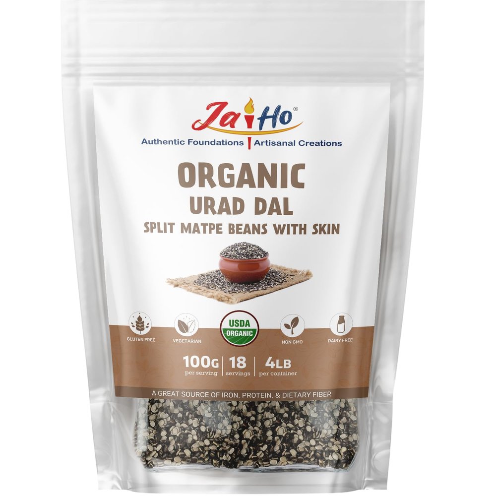 Jai Ho Certified Organic Urad Dal with Skin (Split Matpe Beans with Skin) 4 lb - USDA Organic | Non-GMO | Chemical-Free | Premium Quality Kosher