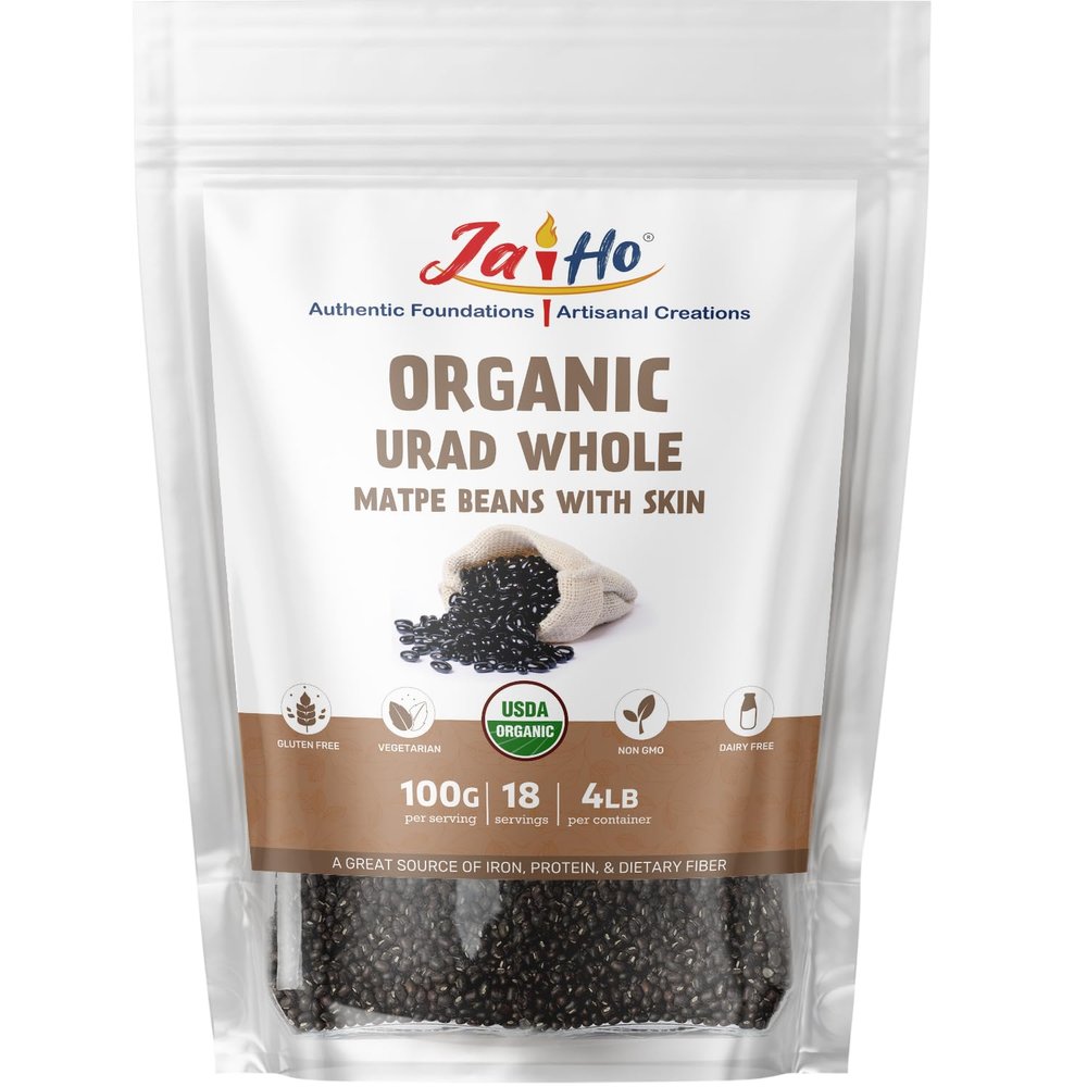 Jai Ho Certified Organic Urad Daal 4 lb | Matpe Beans with Skin | Indian Urad Whole | USDA Organic | Non-GMO | Chemical-Free | (4 Pound, Urad Whole (Matpe Beans with Skin))