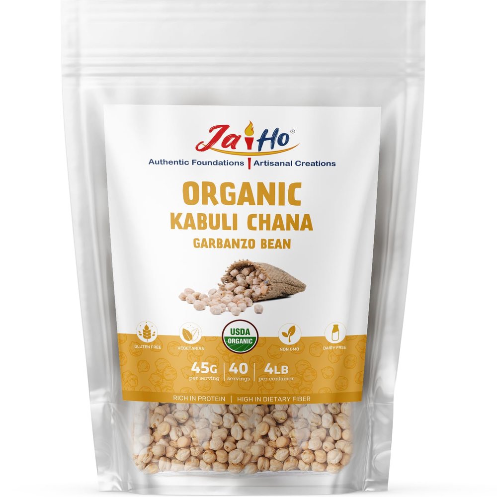 Jai Ho Certified Organic Kabuli Chana Garbanzo Beans 4 lb | Chickpeas Lentils | Indian Kabuli Chole Chana | USDA Organic | Non-GMO | Chemical-Free | Premium Quality Kosher (4 Pound, Kabuli Chana)