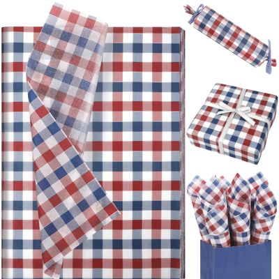 100 Sheets Patriotic Buffalo Plaid Tissue Paper Bulk, 20x14in Red Blue White Buffalo Plaids Wrapping Paper for 4th of July DIY Crafts Independence Day Memorial Day Party Decorations