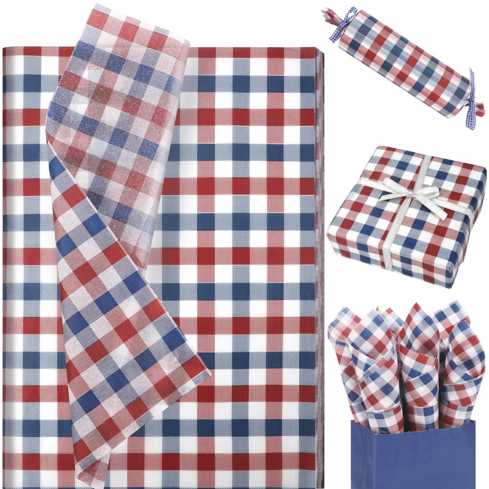 100 Sheets Patriotic Buffalo Plaid Tissue Paper Bulk, 20x14in Red Blue White Buffalo Plaids Wrapping Paper for 4th of July DIY Crafts Independence Day Memorial Day Party Decorations