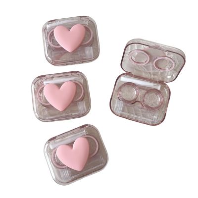 BEDARTIST 4 Pack Portable Cute Contact Lens Cases, Travel Eye Contacts Case Box Holder, Contact Lenses Tweezers Remover Tool Solution Bottle Kit for Daily Outdoor (3D Hearts, Pink)
