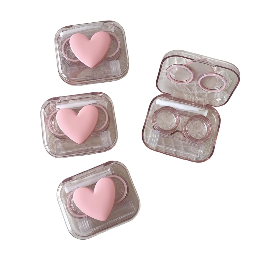 BEDARTIST 4 Pack Portable Cute Contact Lens Cases, Travel Eye Contacts Case Box Holder, Contact Lenses Tweezers Remover Tool Solution Bottle Kit for Daily Outdoor (3D Hearts, Pink)