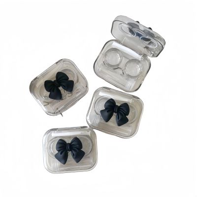 BEDARTIST 4 Pack Portable Cute Contact Lens Cases, Travel Eye Contacts Case Box Holder, Contact Lenses Tweezers Remover Tool Solution Bottle Kit for Daily Outdoor (3D Bow, Black)