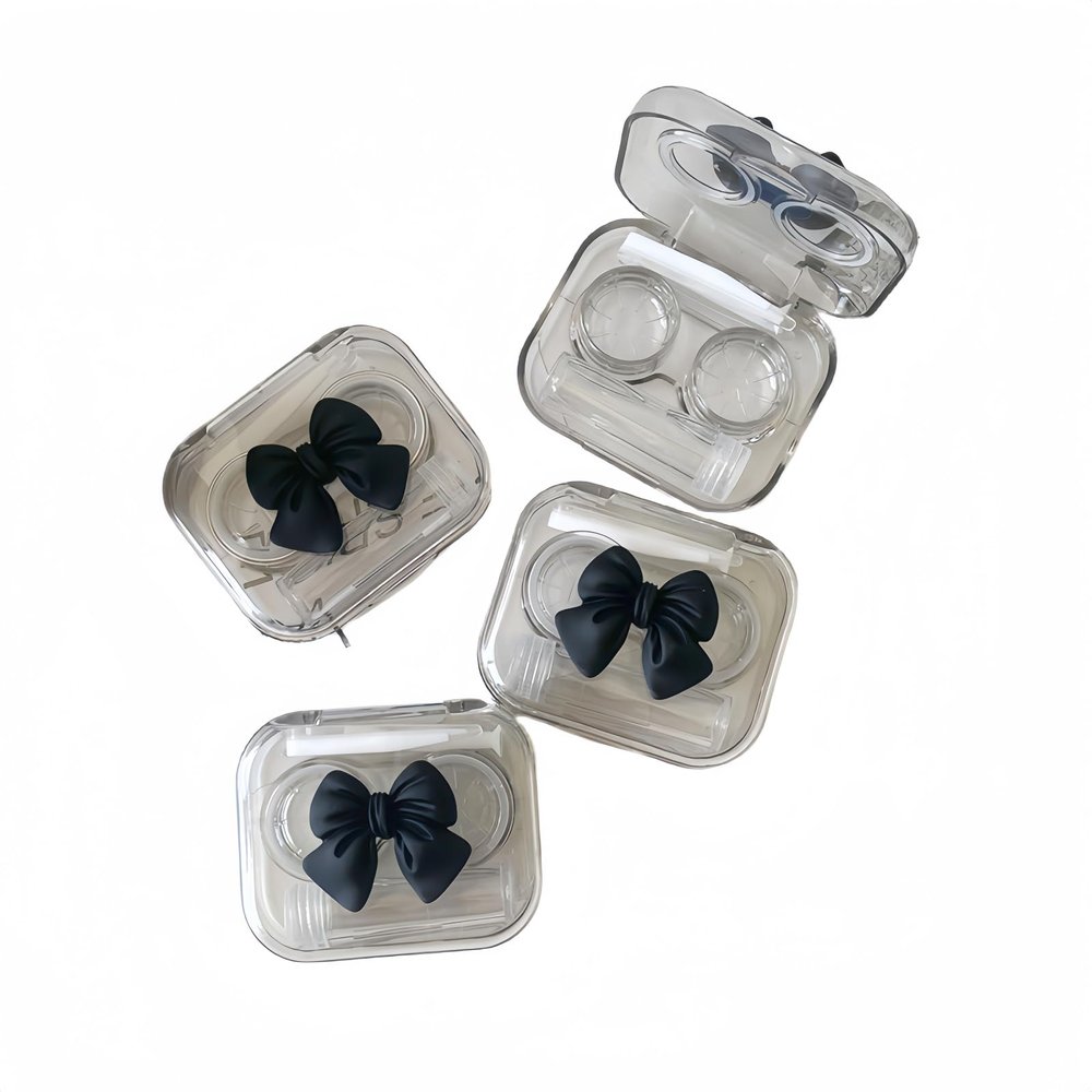 BEDARTIST 4 Pack Portable Cute Contact Lens Cases, Travel Eye Contacts Case Box Holder, Contact Lenses Tweezers Remover Tool Solution Bottle Kit for Daily Outdoor (3D Bow, Black)