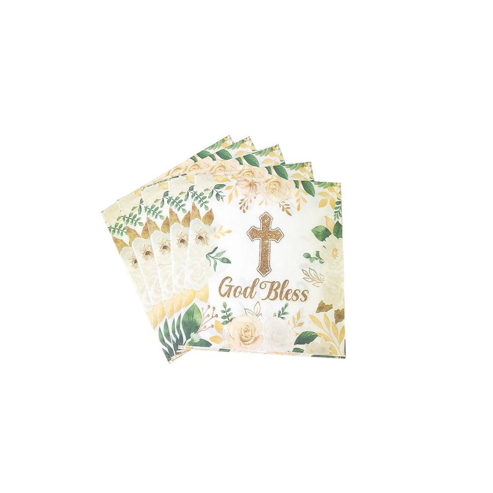 40Pcs Floral God Bless Napkins Baptism Cross Paper Napkins Religious Disposable Napkins First Communion Holy Christening Party Napkin for Christening Celebration Baby Shower Party(6.5 In)