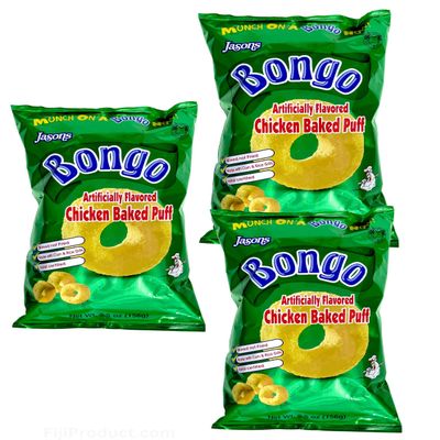 FIJI - Jasons Bongo CHICKEN Puffs Snack (Family Pack Of 3 x 156g EA) Made with Corn & Rice, Baked Puffs ...