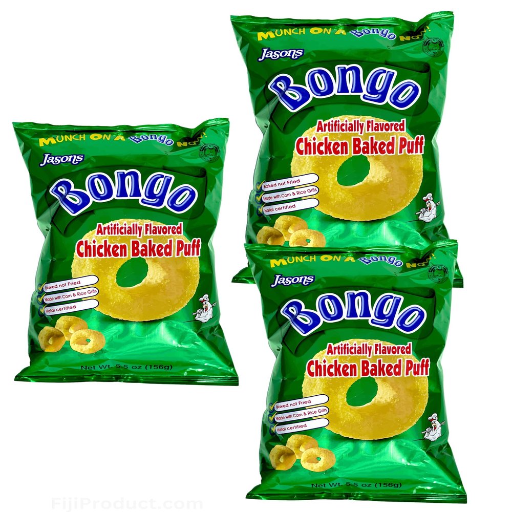 FIJI - Jasons Bongo CHICKEN Puffs Snack (Family Pack Of 3 x 156g EA) Made with Corn & Rice, Baked Puffs ...