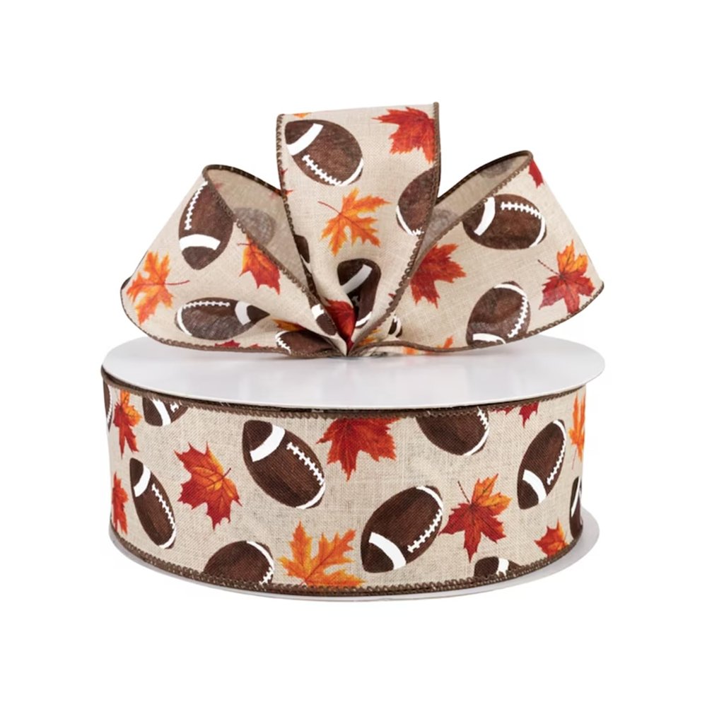 15 feet Fall Football Wired Ribbon, Football Ribbon, Football Sports Wired Ribbon, 2.5 inch Wired Ribbon, Wreath Making Ribbon