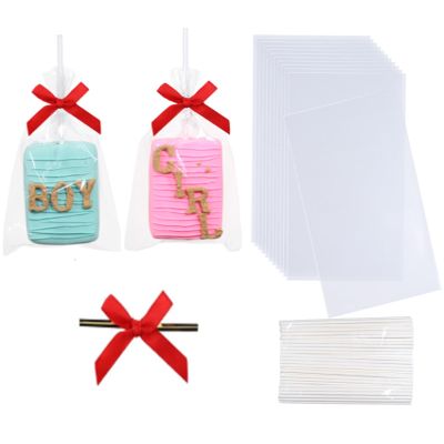 100PCS 3.5x6 Inch Clear Ice Cream Bags - Cakesicle & Cookie Bags With Ribbon, Stick & Gold Twist Tie for Gift Giving