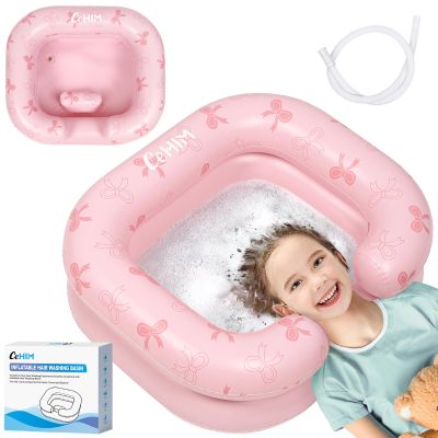 Cehim Inflatable Shampoo Basin - Portable Shampoo Bowl, Hair Washing Basin for Bedridden, Disabled,Injured, Hair Wash Tub for Dreadlocks and at Home Sink Washing (Pink-Bowtie, 15in Inner)