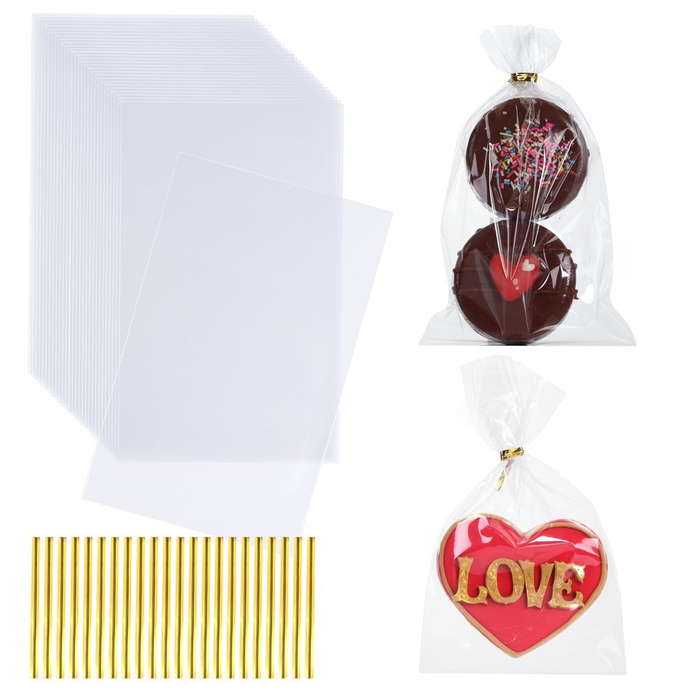 100PCS 3x6 Inche Cookie Bags Treat Bags With Gold Twist Tie Cello Packaging for Rice Krispie Treat,Macarons,Brownie,Truffle Candies and Gift Wrapping